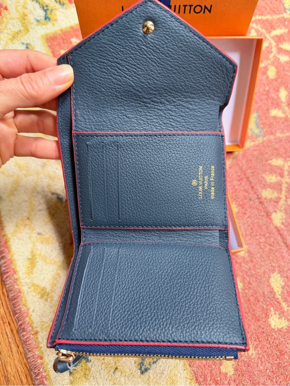 Louis Vuitton Navy Embossed Leather Envelope Wallet with Red Edge
